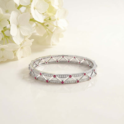 Geometric  Modern Art Deco CZ Bangle with Ruby Red Stone Accents