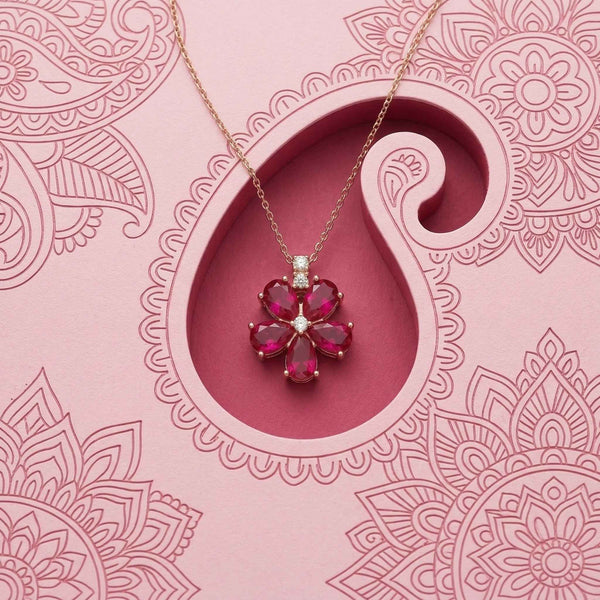 92.5 Fine Silver Ruby Pink Zirconia Floral Bloom Pendant