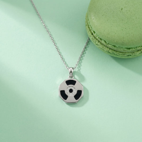 92.5 Fine Silver Octagonal Geometric Pendant with Black Enamel & Zirconia