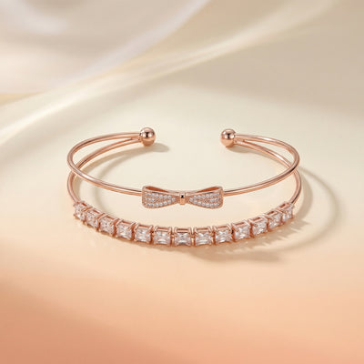 92.5 Fine Silver Rose Gold Bow & Baguette Zirconia Open Cuff Bracelet