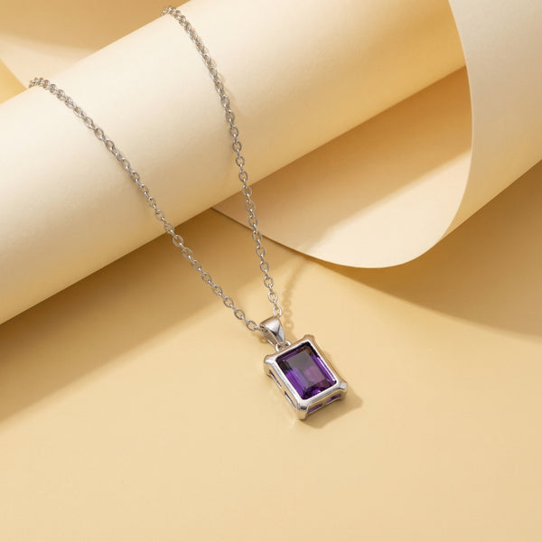 Silver Amethyst Purple Radiant-Cut Solitaire Pendant