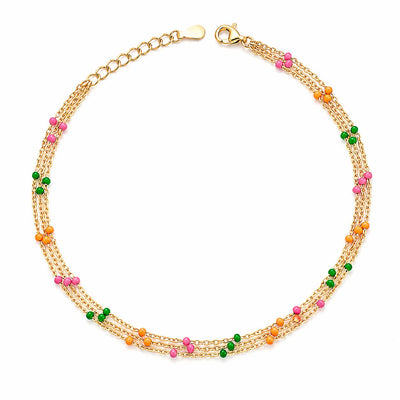 Colorful Beaded Layered Gold Anklet – Multicolor Triple Chain Boho Anklet