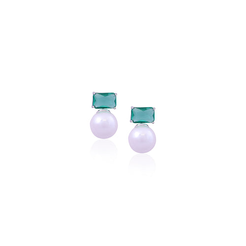 Silver Green Stone & Pearl Earrings for Her