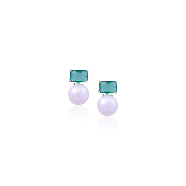 Silver Green Stone & Pearl Earrings for Her