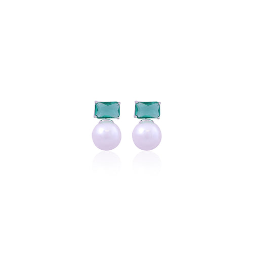 Silver Green Stone & Pearl Earrings for Her