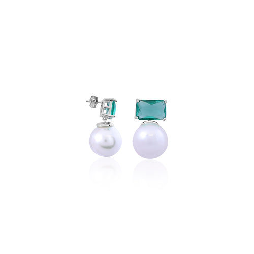 Silver Green Stone & Pearl Earrings for Her