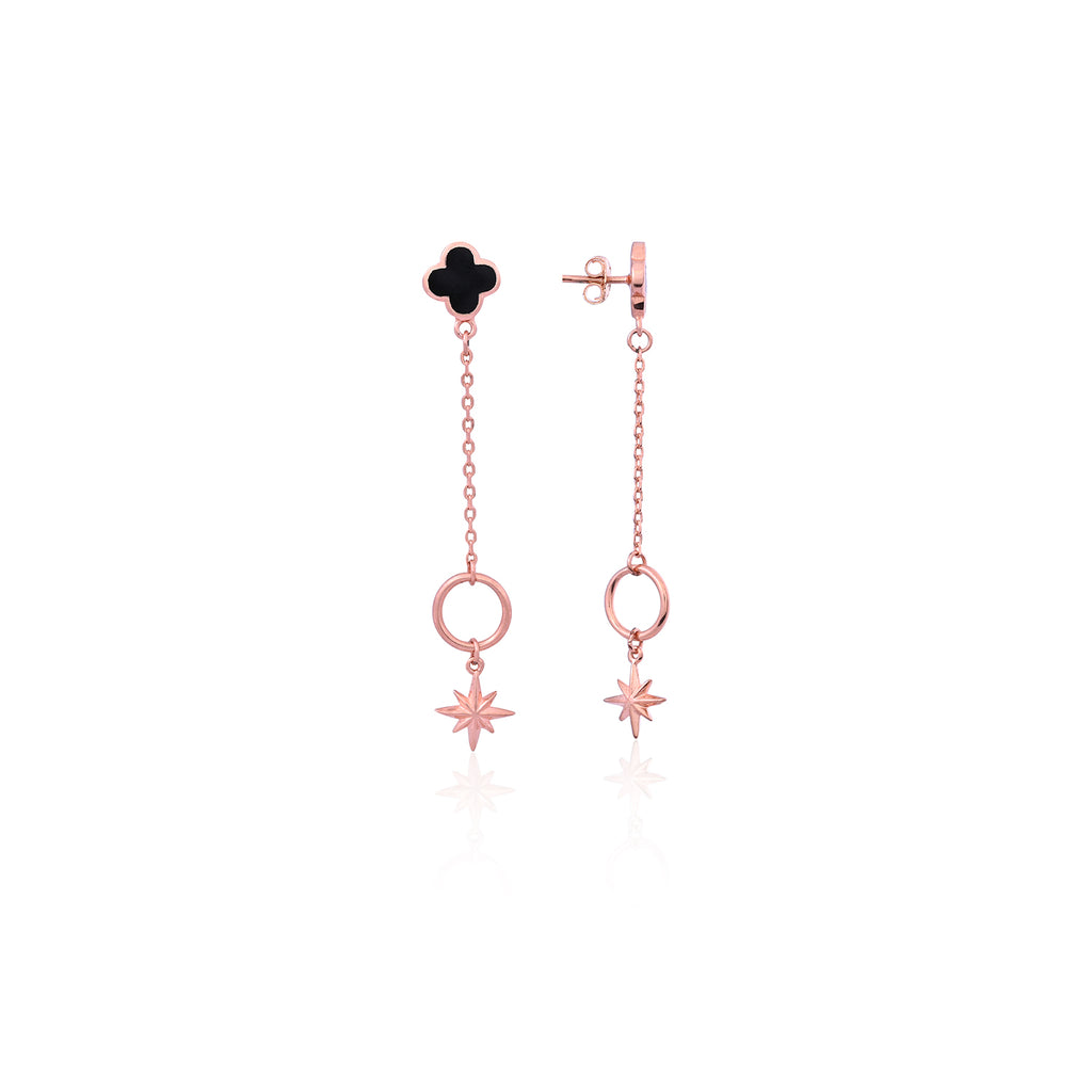 Silver Black Clover Star Drop Earring for Her