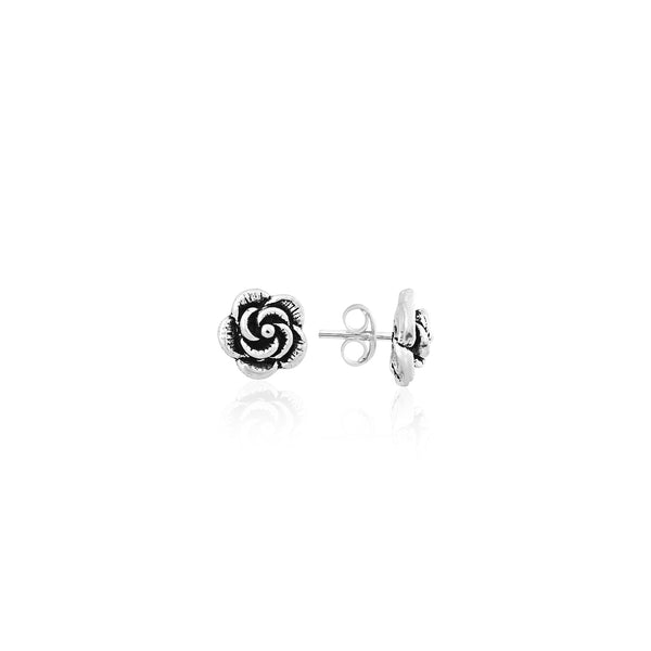 Silver Vintage Swirl Rose Stud Earrings