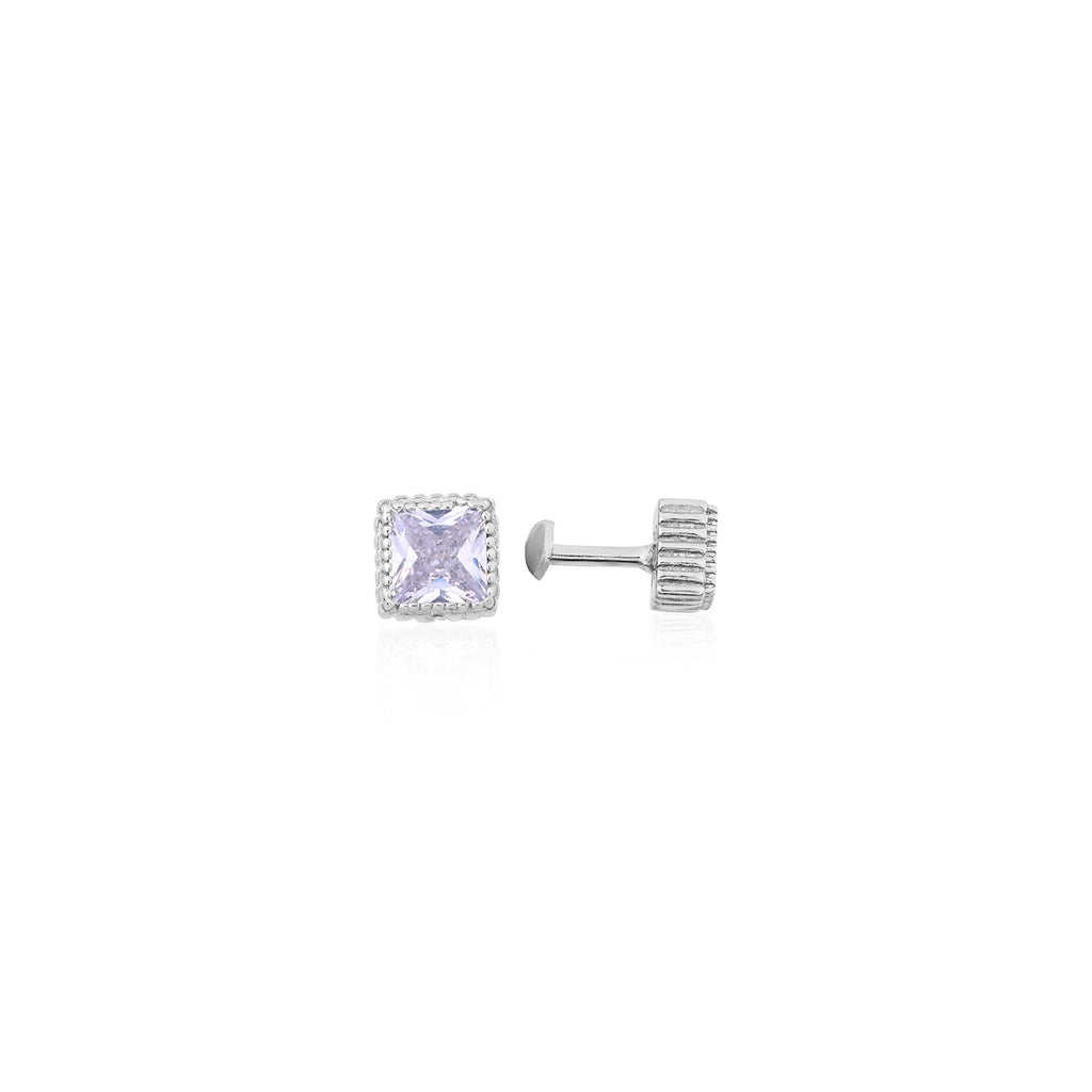 Silver White Solitaire Square Earrings