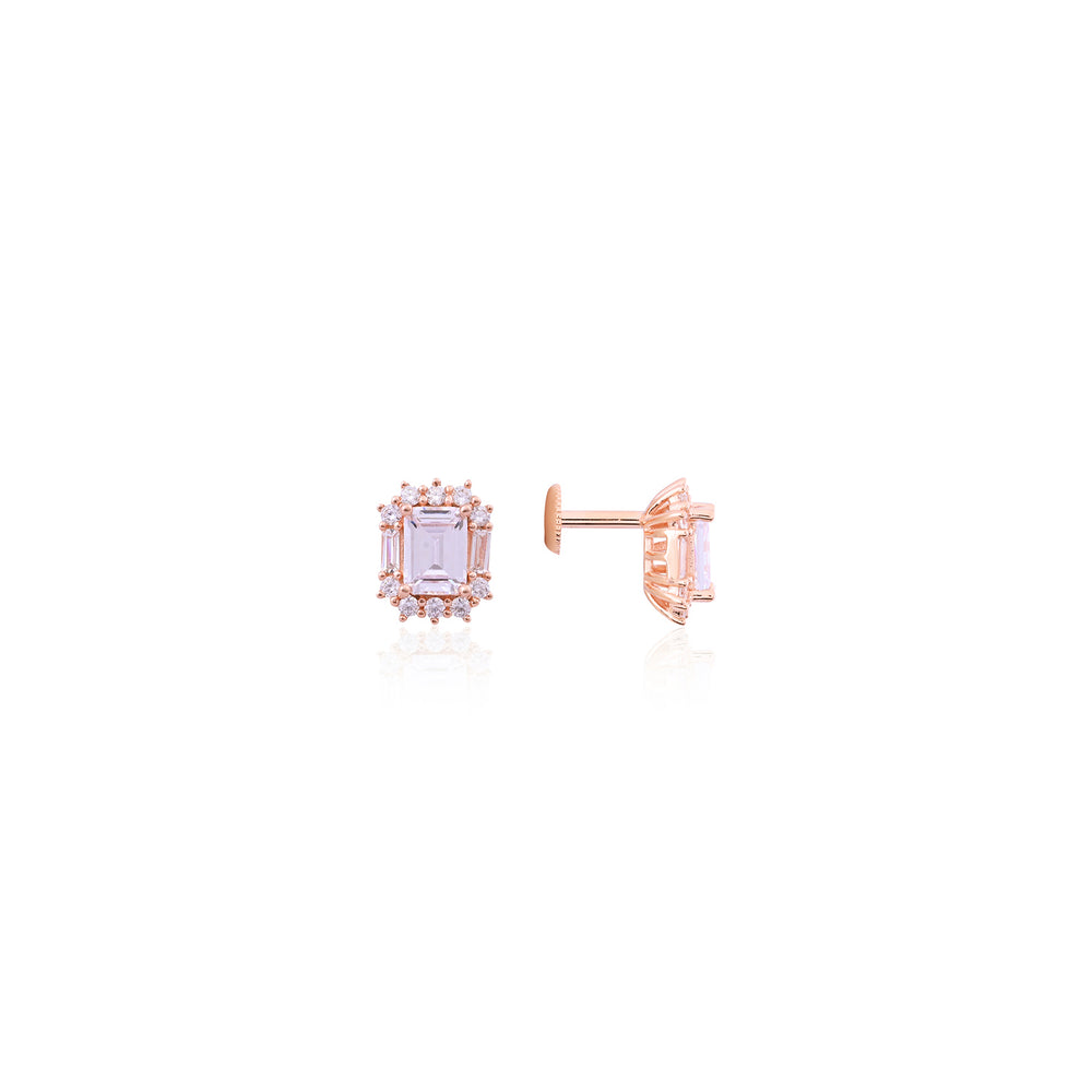 Rose Gold Emerald-Cut Halo Stud Earrings