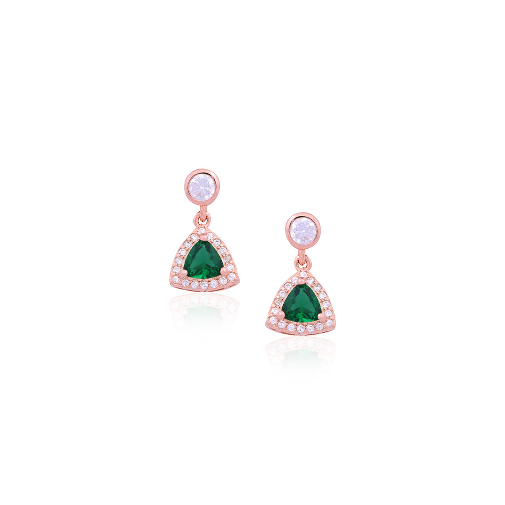 Elegant Rose Gold CZ & Green Trillion Drop Earrings