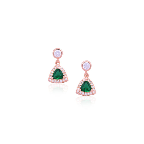 Elegant Rose Gold CZ & Green Trillion Drop Earrings