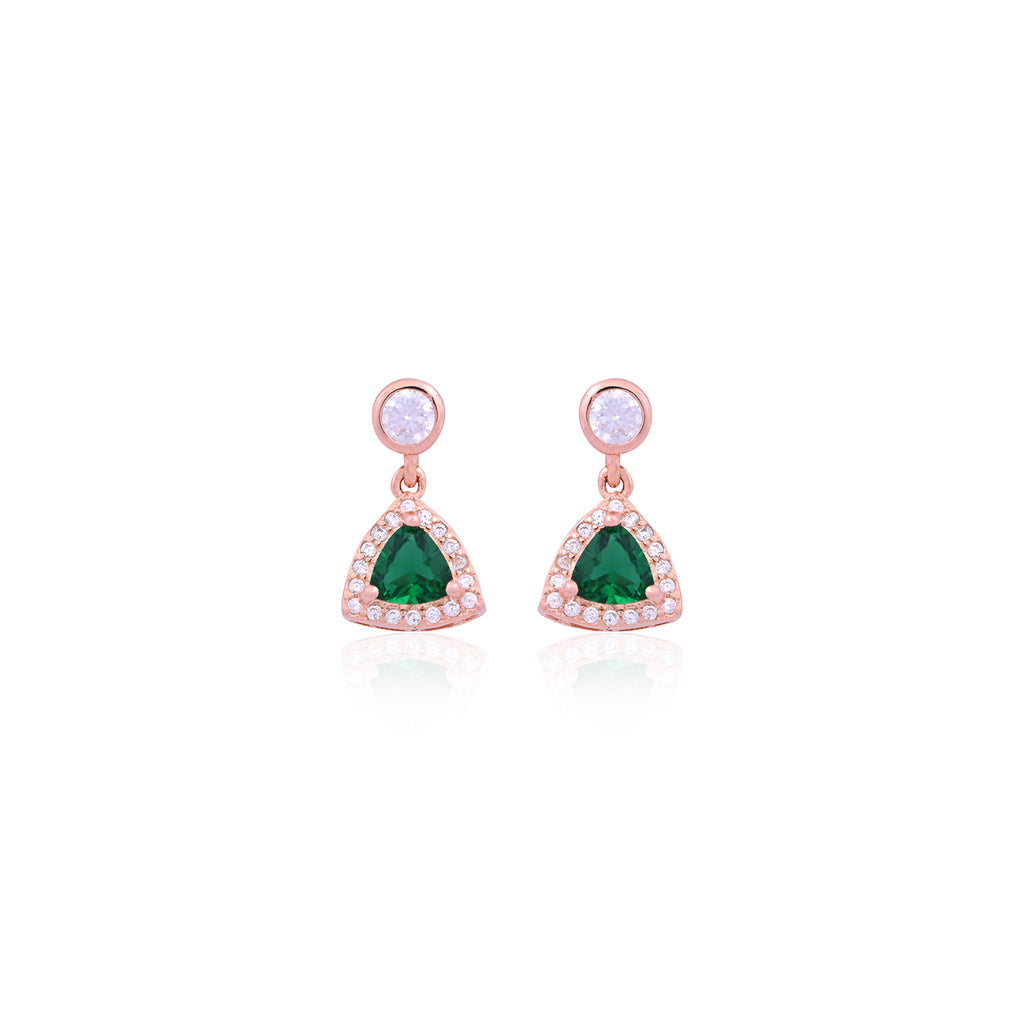 Elegant Rose Gold CZ & Green Trillion Drop Earrings