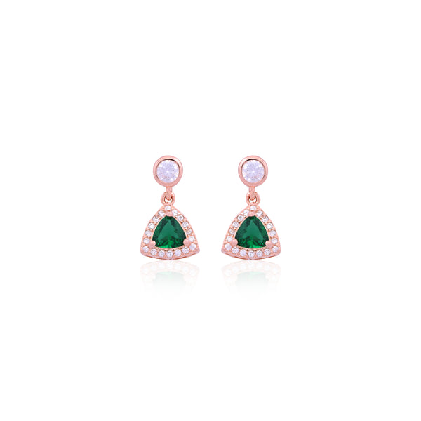 Elegant Rose Gold CZ & Green Trillion Drop Earrings