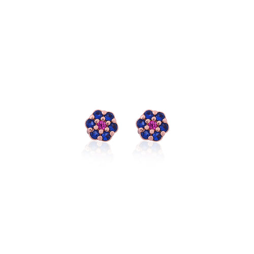 Rose Gold Blue & Pink CZ Floral Earrings for Her
