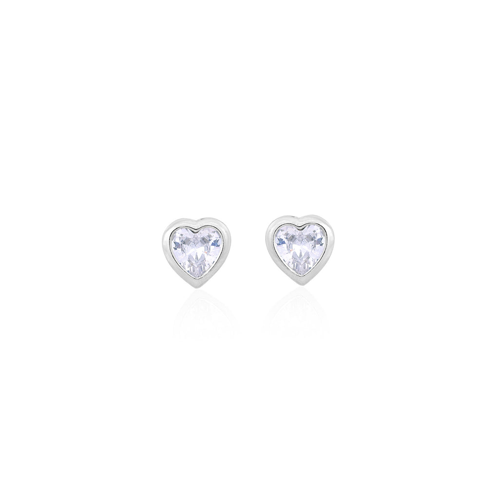 Silver White Solitaire Heart Earrings