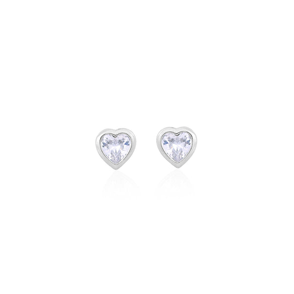 Silver White Solitaire Heart Earrings