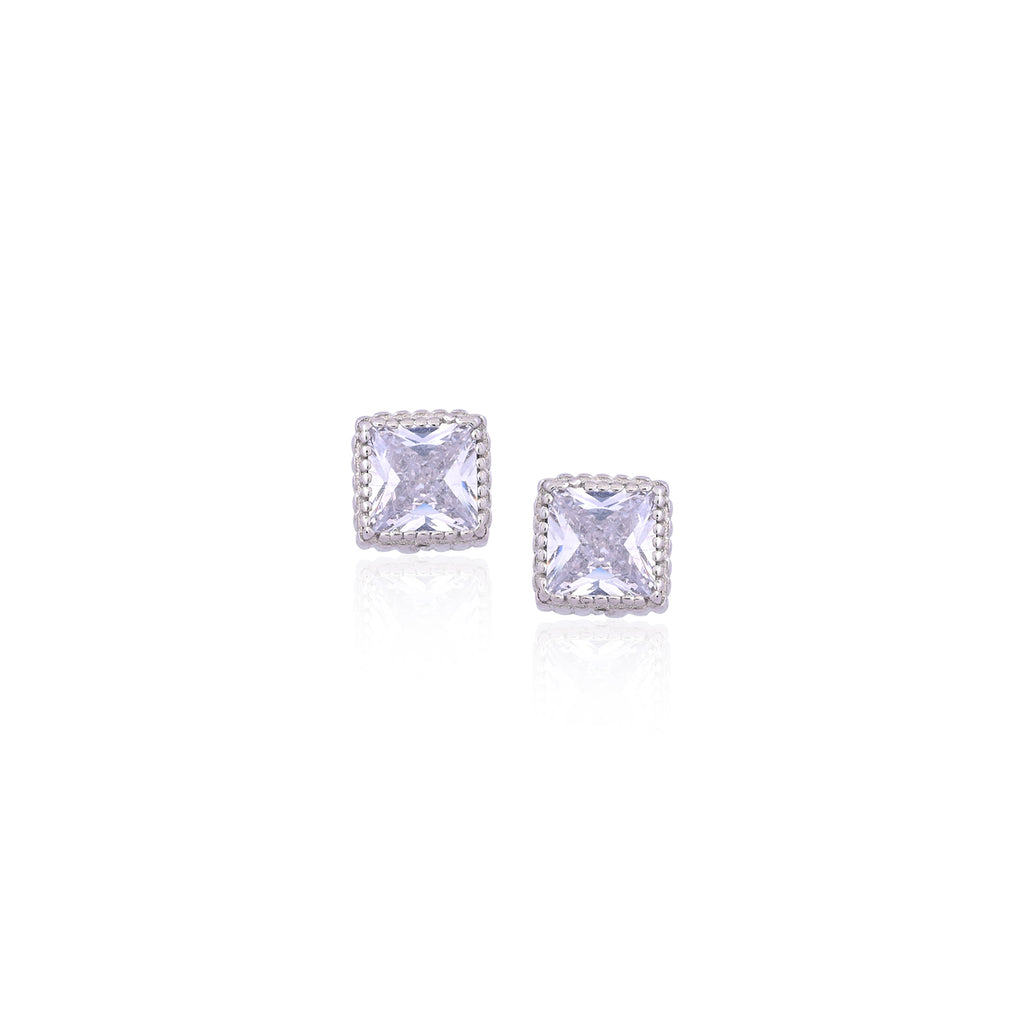 Silver White Solitaire Square Earrings