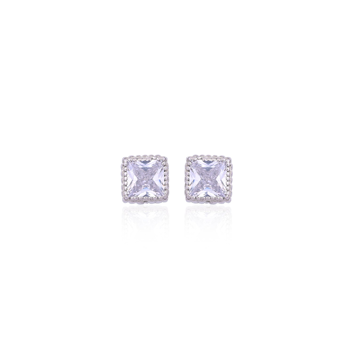 Silver White Solitaire Square Earrings
