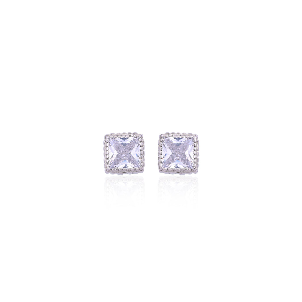 Silver White Solitaire Square Earrings