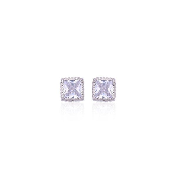 Silver White Solitaire Square Earrings
