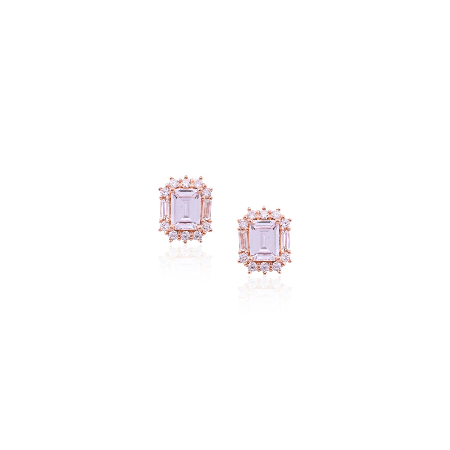 Rose Gold Emerald-Cut Halo Stud Earrings