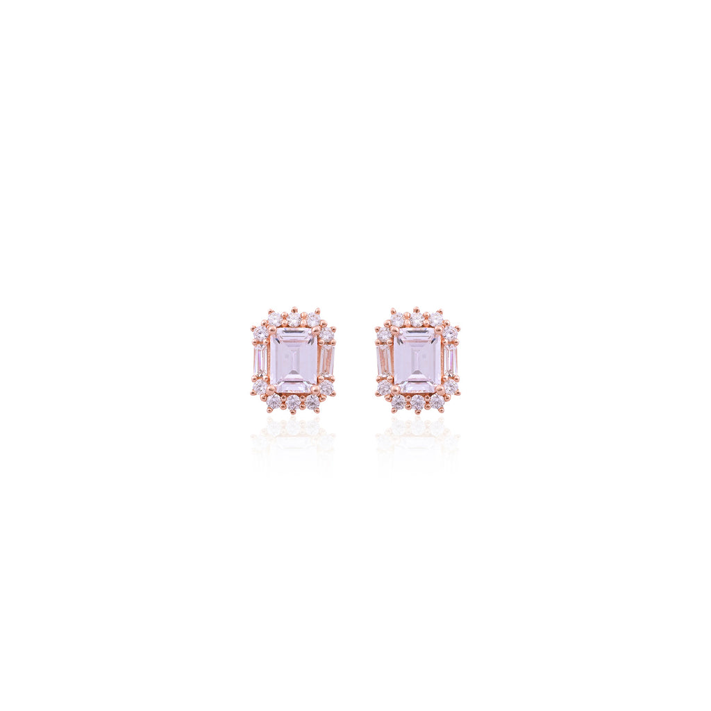 Rose Gold Emerald-Cut Halo Stud Earrings