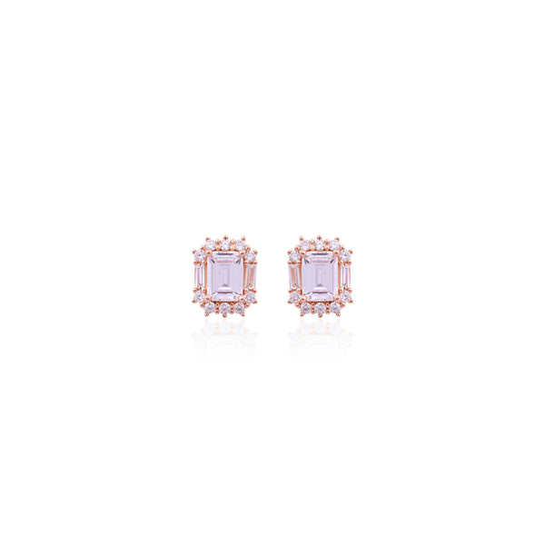 Rose Gold Emerald-Cut Halo Stud Earrings