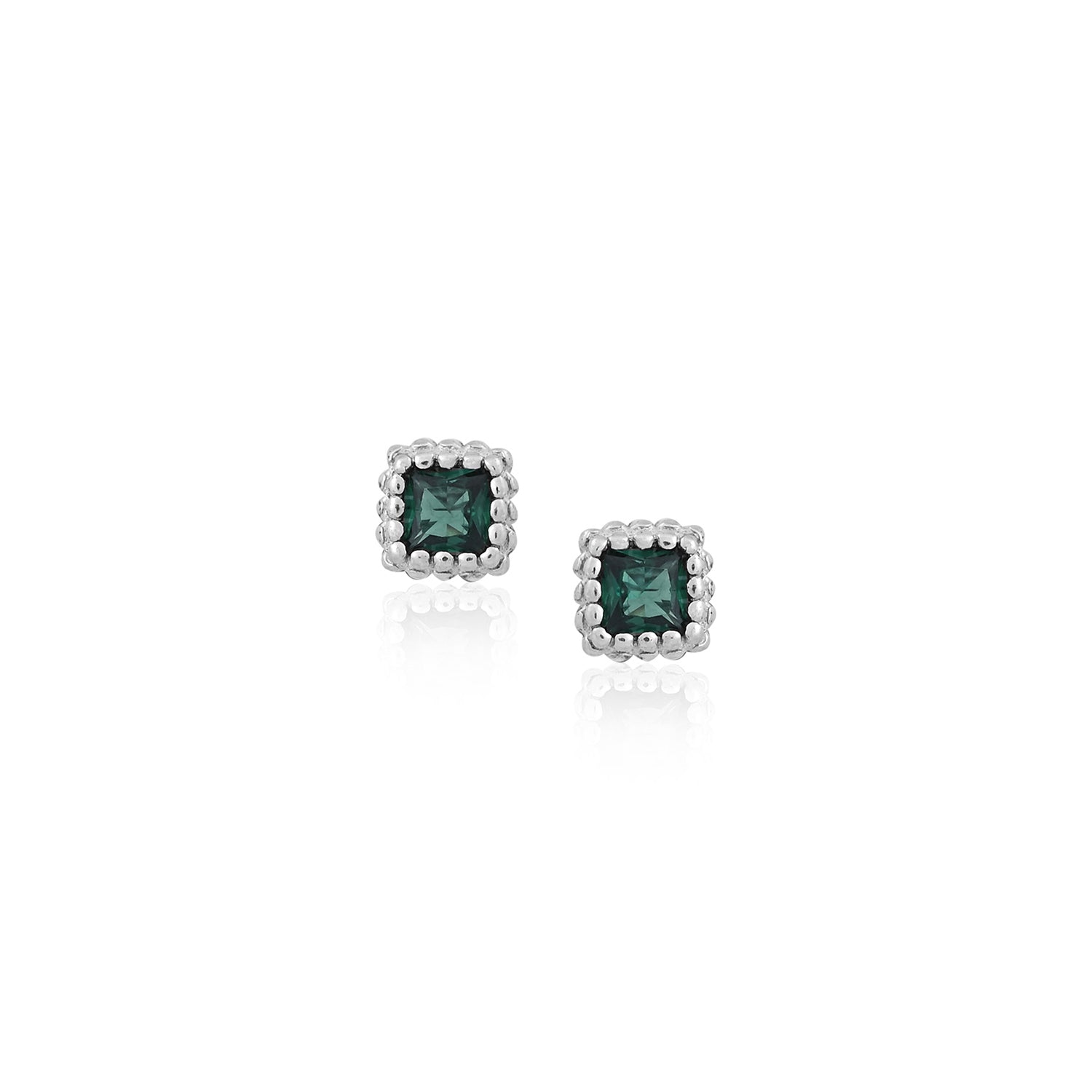 Silver Green Square Stud Earrings
