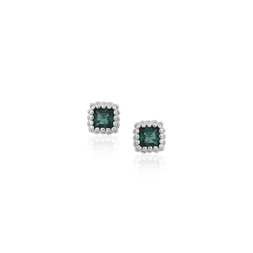 Silver Green Square Stud Earrings