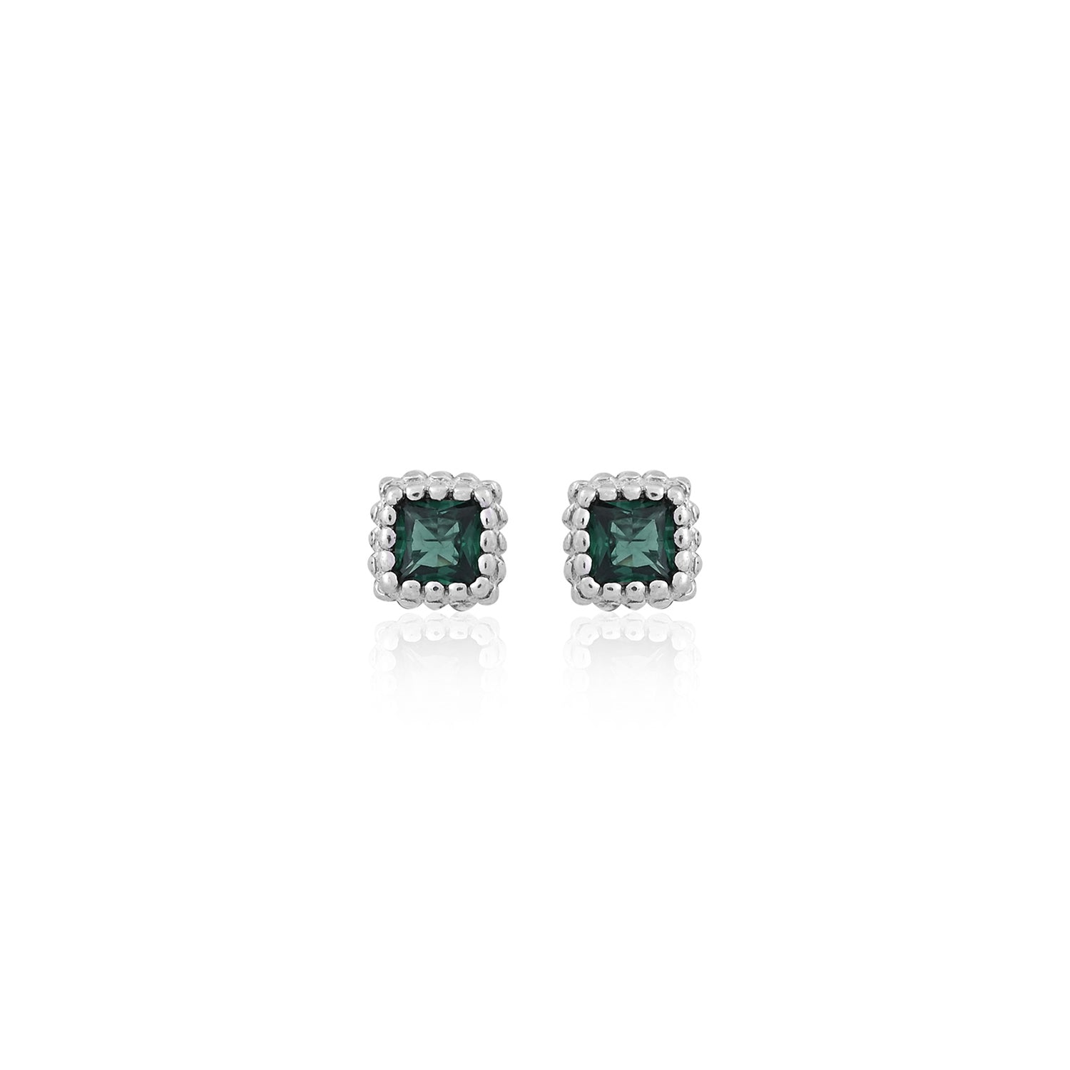 Silver Green Square Stud Earrings