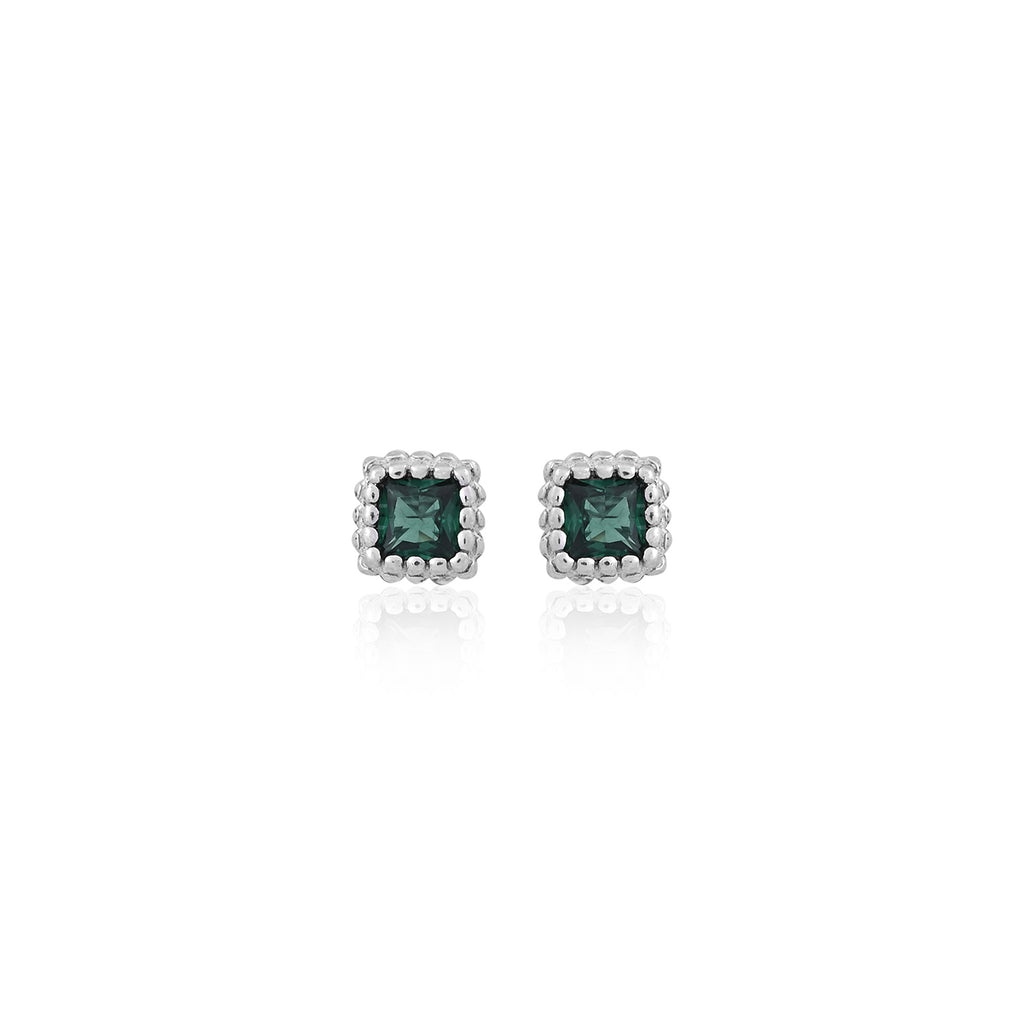 Silver Green Square Stud Earrings
