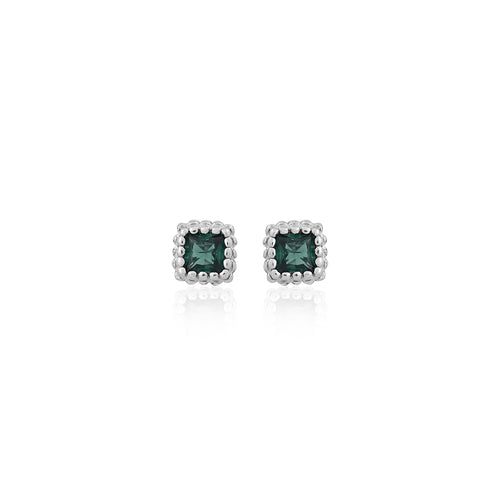 Silver Green Square Stud Earrings