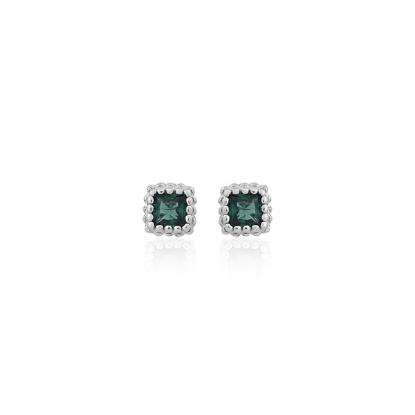Silver Green Square Stud Earrings