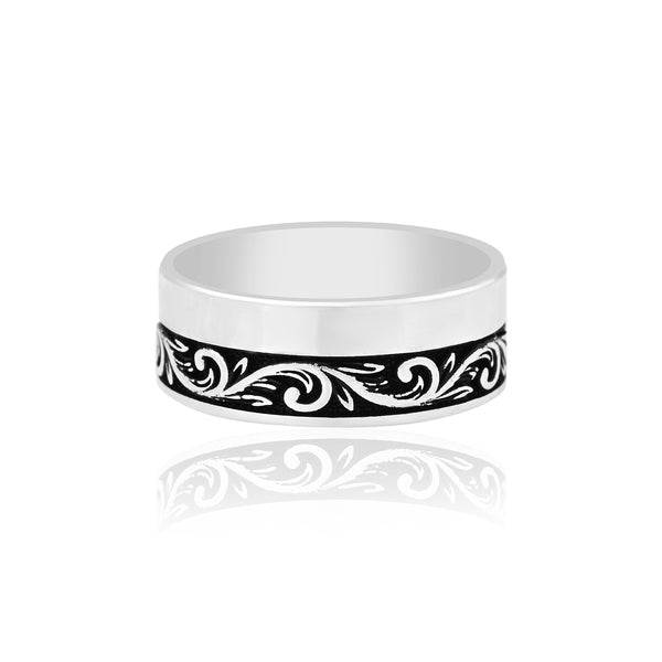 Men_s Sterling Silver Band with Black Engraved Swirl Pattern