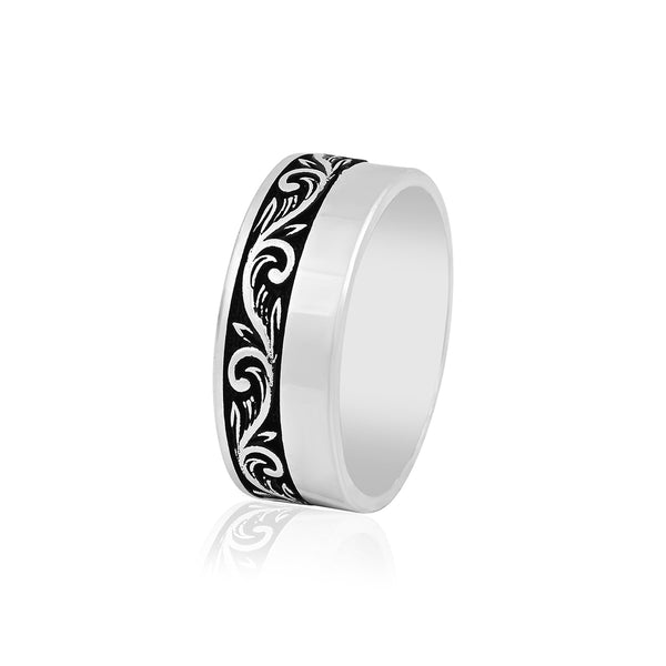 Men_s Sterling Silver Band with Black Engraved Swirl Pattern