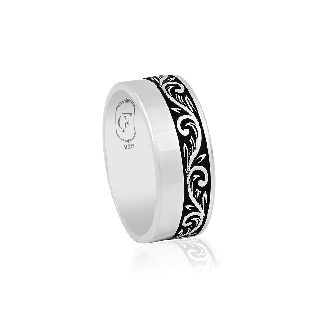 Men_s Sterling Silver Band with Black Engraved Swirl Pattern