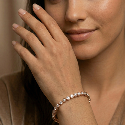 Rose Gold Plated 92.5 Fine Silver Bezel-Set White Stone Bangles