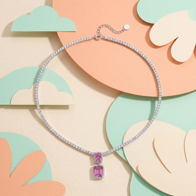 925 Sterling Silver Pink Cushion Cut Tennis Choker Necklace