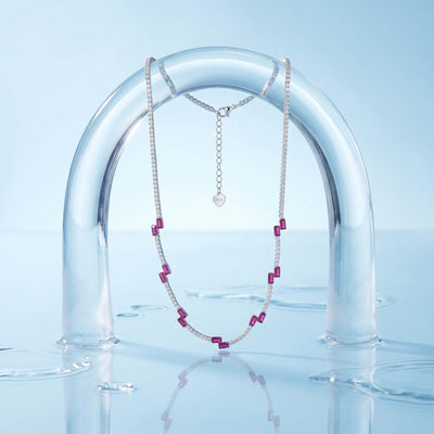 Ruby Pink Crystal Tennis Necklace in Sterling Silver