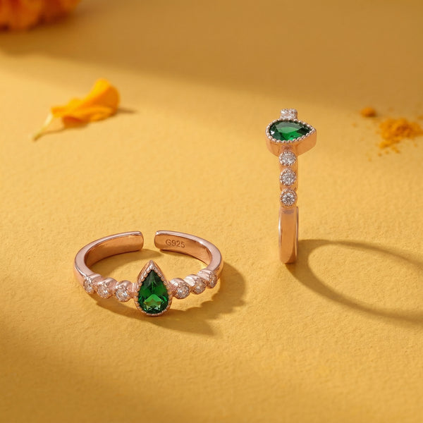 Emerald Dewdrop Rose Gold Pavé Toe Rings