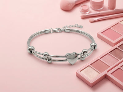 92.5 Fine Silver Double-Wire Heart Charm Bracelet with Silver Beads