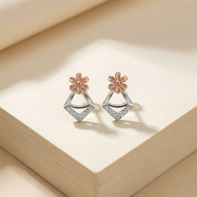 92.5 Fine Silver Dual-Tone Floral Geometric Drop Stud Earrings