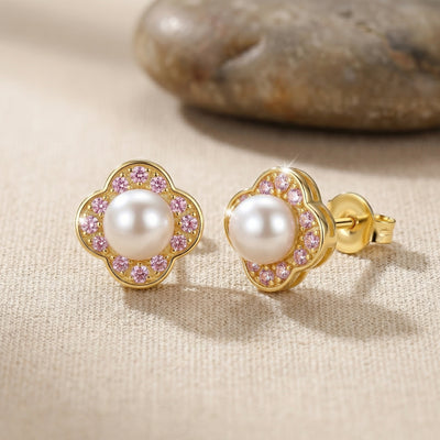92.5 Fine Silver Rose Gold Pearl Halo Stud Earrings