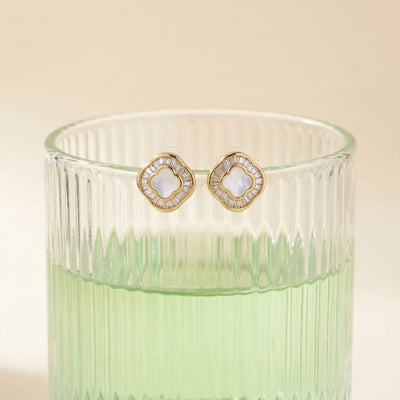 92.5 Fine Silver Gold-Plated Mother of Pearl & Baguette Zirconia Studs