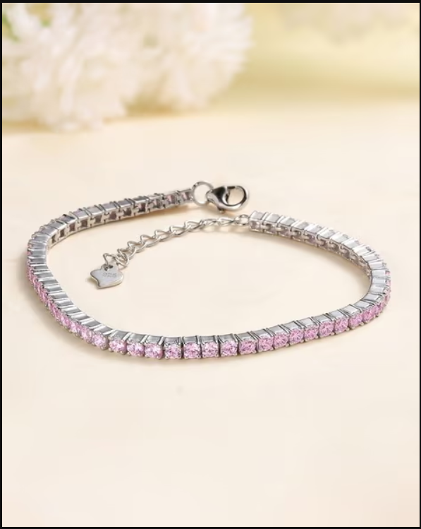 925 Sterling Silver Pink American Diamond Adjustable Tennis Bracelet