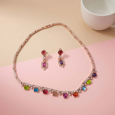 Rose Gold Rainbow Gemstone Necklace Set