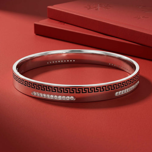 Greek Key & Pavé Zirconia Silver Kada