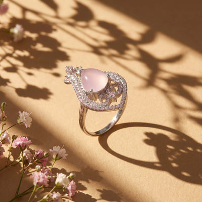 Pear-Shaped Pink Chalcedony and CZ Silver Ring for her