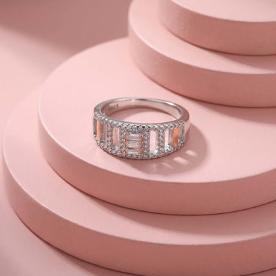 Geometric Openwork Baguette CZ Silver Ring for her Nav